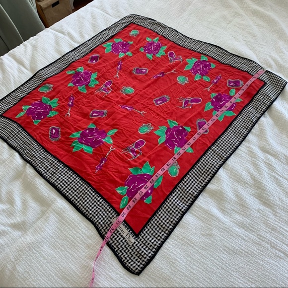 Christian Dior Silk Scarf with Houndstooth and Red Background 32x32 - Picture 4 of 6